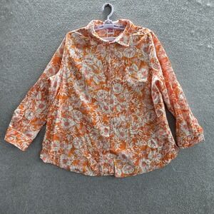 Woman Within Women Button Up Shirt L (18/20) Orange Linen Rayon Floral Artsy